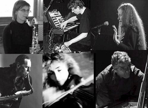 portrait, top line: Isabelle Duthoit, Thomas Lehn, Dorothea Schürch; bottom line: Urs Leimgruber, Charlotte Hug, Jacques Demierre
